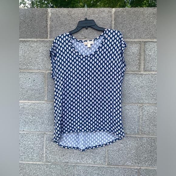 Michael Kors Top Shirt Hi Low Sleeveless Blue W/Red &White Design Stretch Large - Picture 1 of 7